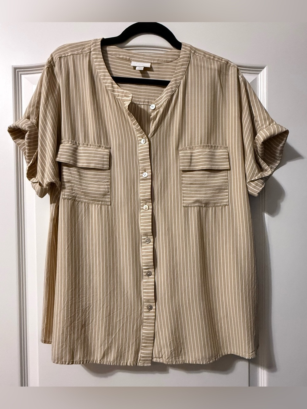 J. Jill Rayon Tan and White Striped Button-Down Shirt
